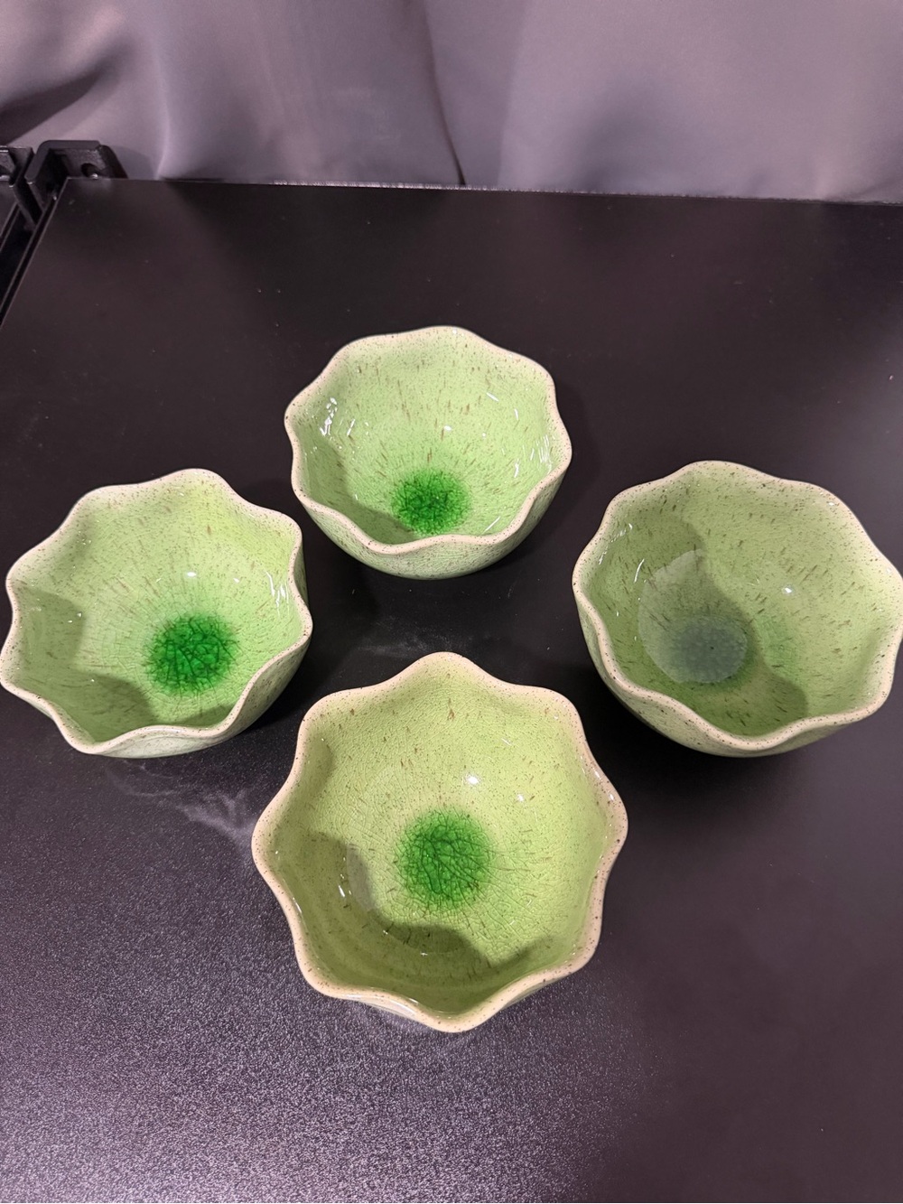 Green Glazed Ceramic Flower Bowls - Set of 4